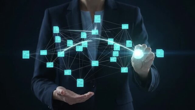 Professional hands engaging a luminous digital network, illustrating secure data exchange, advanced interconnected systems, and future technological innovation