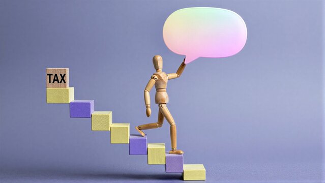 Wooden figure ascends colorful steps toward TAX sign, symbolizing financial progress.