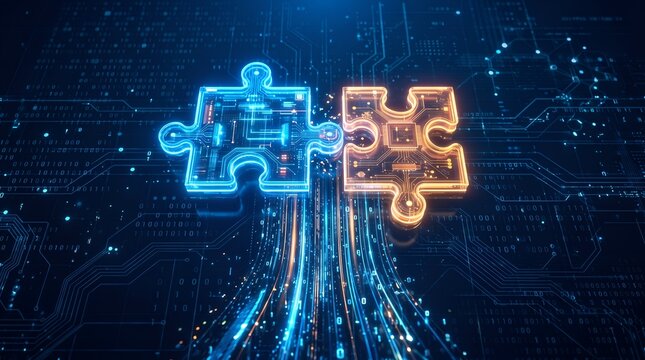 Glowing digital puzzle pieces connecting on futuristic circuit board with binary data streams