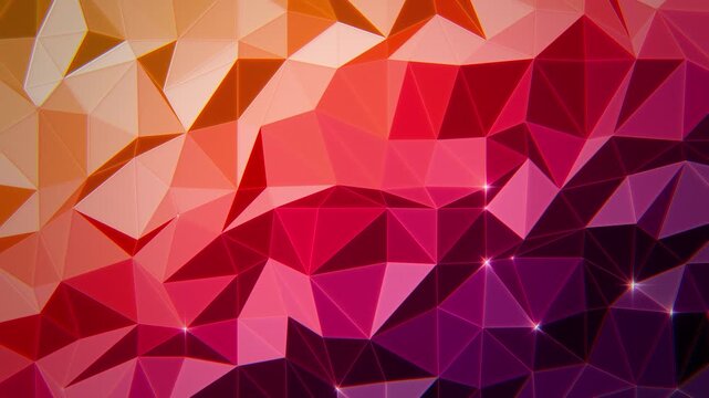 Sunset red, coral and orange low poly triangle mesh with shifting light and sparkling vertices, warm geometric background, seamless loop