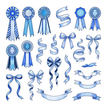 Blue ribbon awards and decorative bows in various styles  