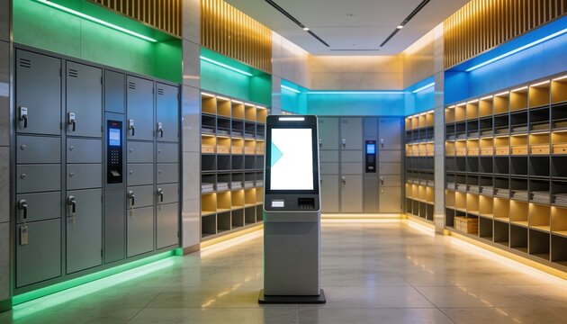 Generative AI modern digital locker room with colorful lighting and self-service kiosk