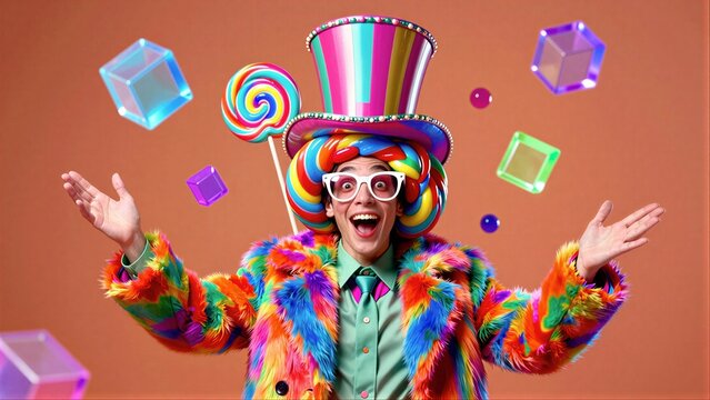 Colorful clown with candy-themed hat and coat, joyfully tossing rainbow cubes in mid-air.