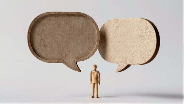 Wooden figure stands before large empty speech bubble, symbolizing unspoken thoughts or silence.