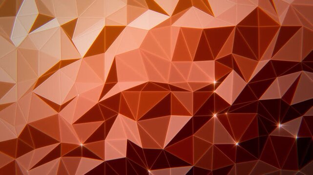 Terracotta orange and peach low poly triangle mesh with shifting light and sparkling vertices, earthy geometric background, seamless loop