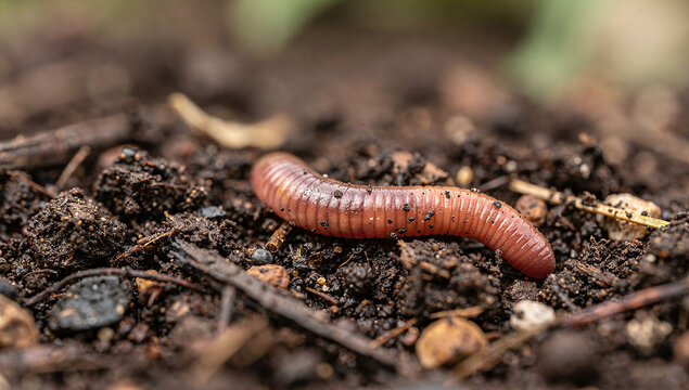 A pinkish earthworm crawls on dark rich soil in a garden in close-up macro photography