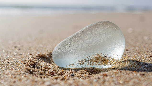 A smooth frosted piece of sea glass lies on the sandy beach