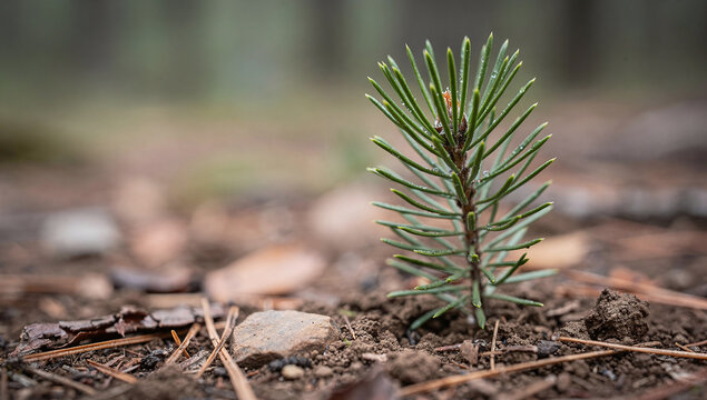 A tiny young pine tree sapling grows from the soil on a forest floor surrounded by needles