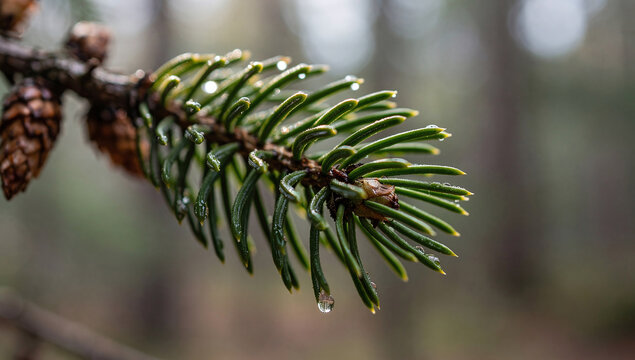 A close-up of a wet pine or spruce branch covered with water drops and small cones in a forest