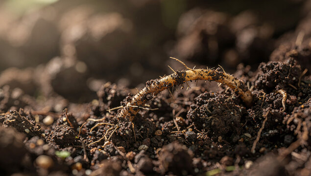 A small curved plant root with tiny rootlets grows through rich dark soil in close-up macro photography