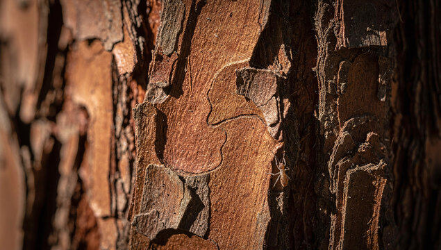 A close-up of rough textured brown bark of a pine tree in a forest illuminated by sunlight