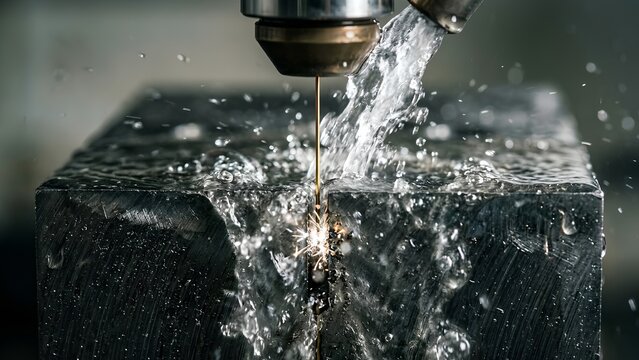 View of precision guided cutting tool slicing solid steel metal block with bright sparks and cooling water stream