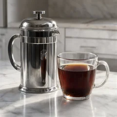 Shiny French press and glass mug filled with rich coffee on marble countertop. © joeycheung