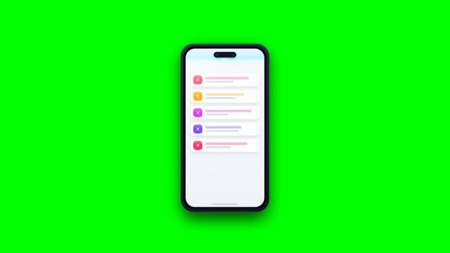 Modern smartphone mockup with blank white screen on green screen chroma key background, 3D mobile telephone display for UI presentation.