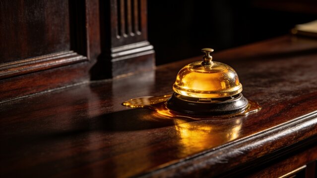 A glowing golden concierge bell rests on a dark mahogany desk, symbolizing Common Courtesy Day, B2B client relations, and white-glove service.
