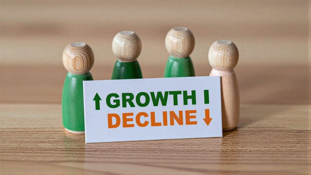 Wooden figures surround a card showing growth and decline arrows, symbolizing business trends.