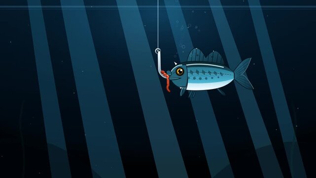 A fishing hook drops into the water as a fish swims in from the right and bites the bait. A sharp line jerk, water splashes and bold STRIKE text reveal a dramatic fishing moment.