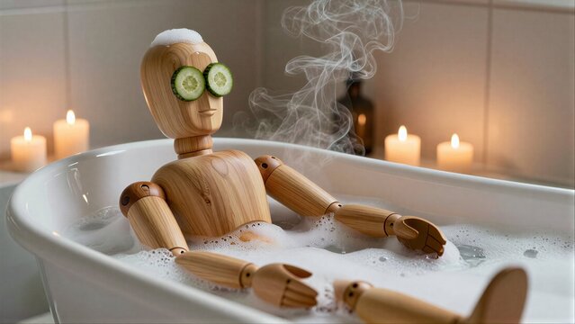 Wooden man relaxes in bubbly bath with cucumber eyes and steamy candles.