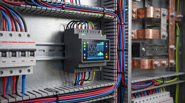 Industrial electrical panel with digital monitor showing live data, colorful wires, circuit breakers, and busbars for modern power distribution and automation