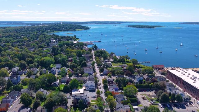 Town of Bristol Marina and Maritime Center aerial view at 127 Thames Street at Bristol Harbor, town of Bristol, Rhode Island RI, USA. 