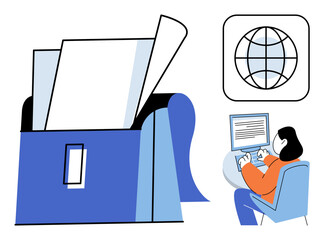 Person working on a computer with documents and a global network icon vector illustration. Remote work, digital communication, business management, information technology, global connectivity, office © Dmytro