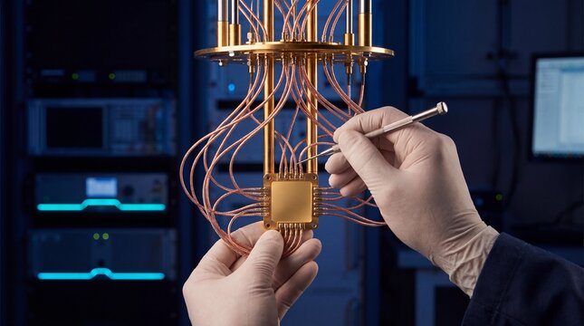 Quantum hardware engineer assembling golden cryogenic dilution refrigerator qubit processor core