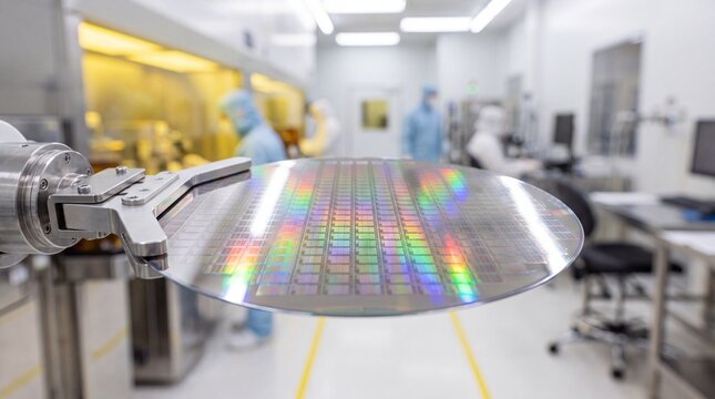 High tech robotic gripper handling patterned silicon semiconductor wafer in cleanroom fab