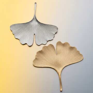 Two elegant ginkgo leaves in sterling silver and pale gold display fan-shaped metallic veins with a smooth satin finish. Minimal art, jewelry, gold, leaves