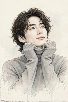 Portrait of a young asian man wearing a grey turtleneck sweater in a