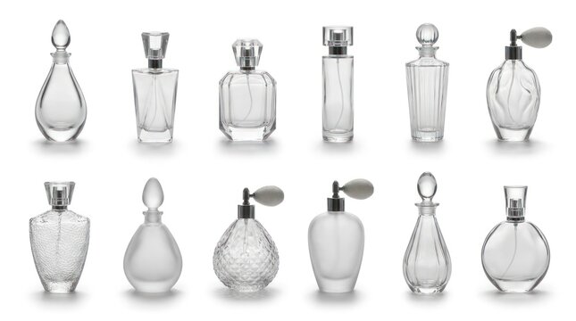Assorted empty clear glass perfume bottles with varied shapes and styles arranged in a grid pattern