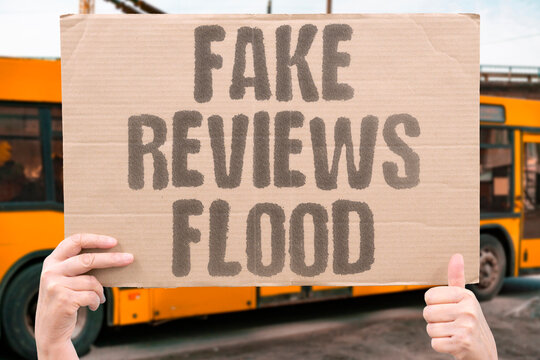 "Fake reviews flood" Counterfeit star ratings and glowing comments mislead shoppers across marketplaces, apps, and holiday booking sites. REVIEWS. FAKE. FLOOD. RATINGS. SHOPPERS.