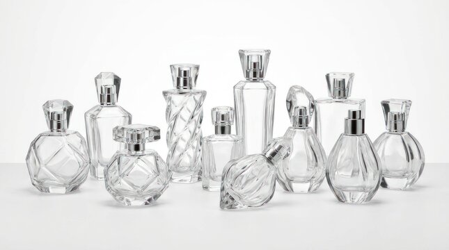 A collection of variously shaped transparent perfume bottles on a white background with elegant designs