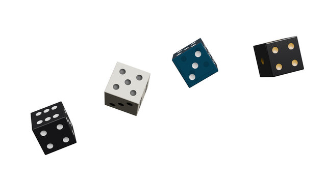 3D Render of four dice in various colors and designs rolling against a white background