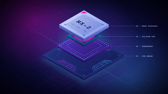 Isometric CPU Microchip Architecture Breakdown Exploded View Animation Showing Heat Spreader Silicon Die Substrate and PCB Board