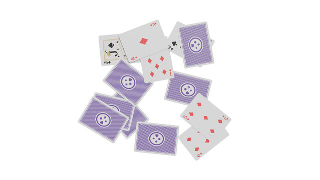 3D Render of a scattered pile of playing cards with various designs on a white background.