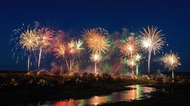 Vibrant fireworks burst over a rural landscape; reflections shimmer on a calm river below