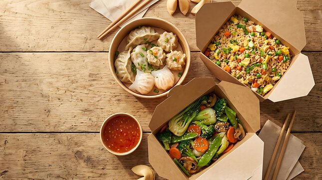 Top view of delicious chinese food in take away boxes and bowls on a rustic wooden table. chinese takeout