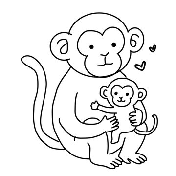 Cute mother monkey holding baby monkey illustration with little hearts, minimalist hand-drawn line art doodle isolated on white background