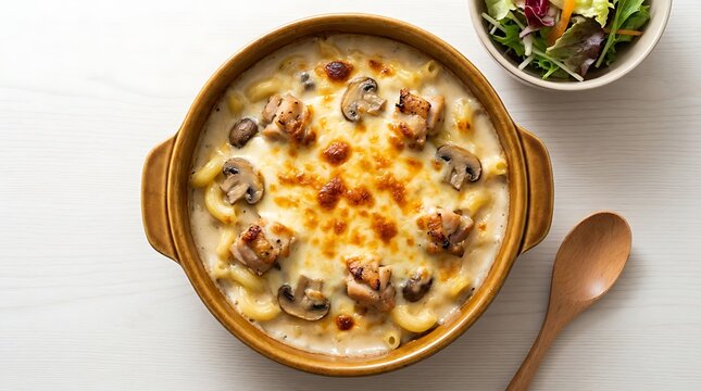 Creamy mushroom soup in a brown bowl with fresh salad and a wooden spoon. Japanese Asian gratin