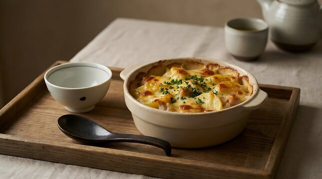 A warm bowl of creamy mushroom soup with fresh herbs served on a wooden tray. Japanese Asian gratin