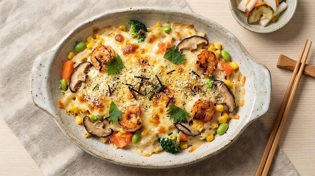 Delicious creamy mushroom and vegetable stir fry served in a ceramic bowl with chopsticks. Japanese Asian gratin