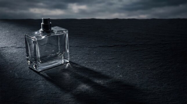Glass perfume bottle casts shadow on dark textured surface under ominous sky