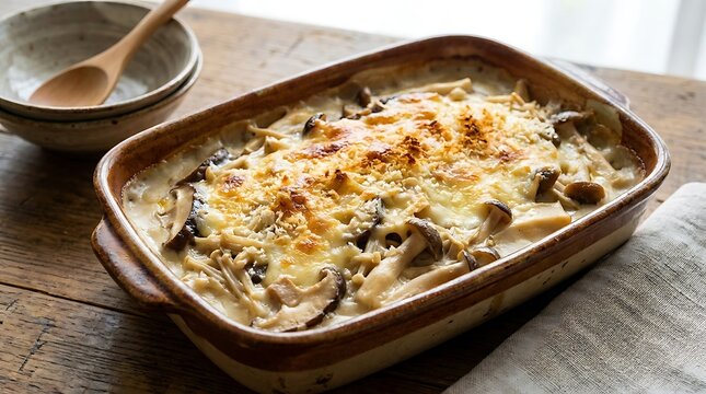 Fresh creamy broccoli and mushroom casserole in a baking dish on a wooden table. Japanese Asian gratin