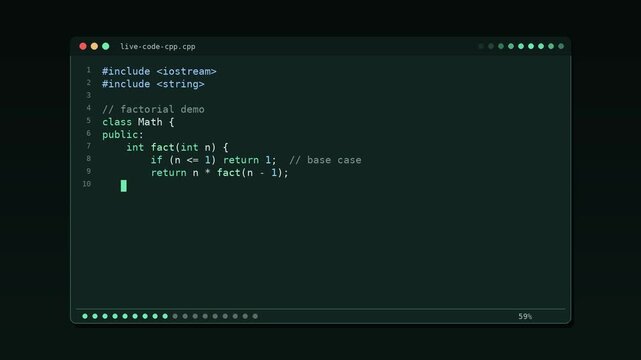 C++ code typing itself in dark editor window with emerald syntax highlighting, programming animation
