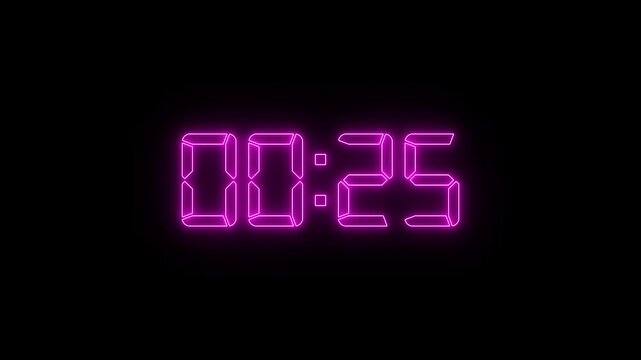 Neon pink digital countdown timer display, glowing led clock interface for broadcast and motion