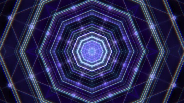 Blue and violet neon kaleidoscope mandala with laser lines and symmetrical light, electric psychedelic VJ background, seamless loop