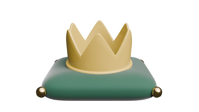 3D Render of a golden crown resting on a green velvet cushion