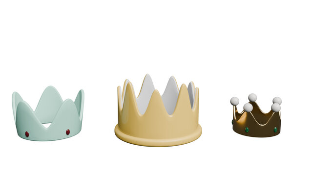 Three colorful 3D render crowns in various styles and sizes, showcasing playful designs.