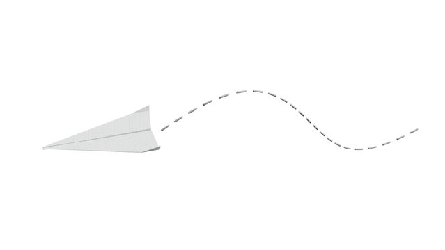 3D Render of a paper airplane flying through the air with a dashed flight path.