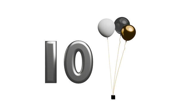 3D Render of the number ten with colorful balloons in white background.